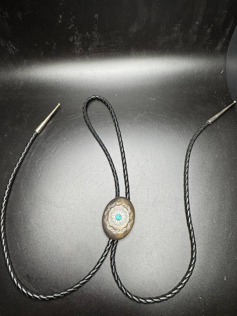 AP 925 Sterling Silver Turquoise Bolo Tie Western Southwestern Leather Cord